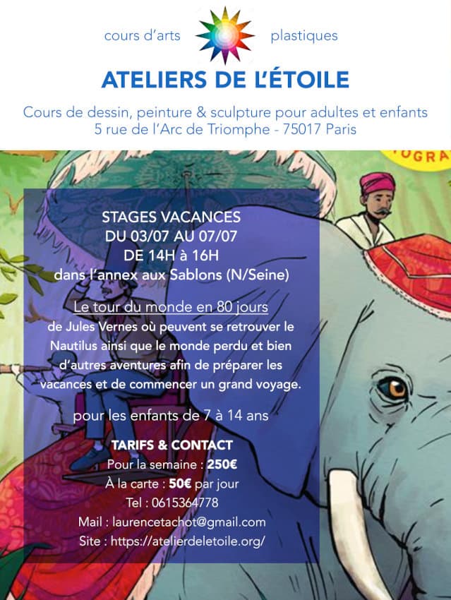 Flyer stage enfants ados dessin autour du "Tour du monde en 80 jours" de Jules Verne